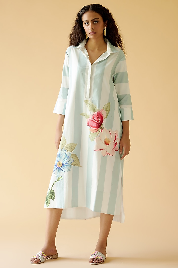 White & Blue Cotton Satin Floral Printed Shirt Dress by MOH India