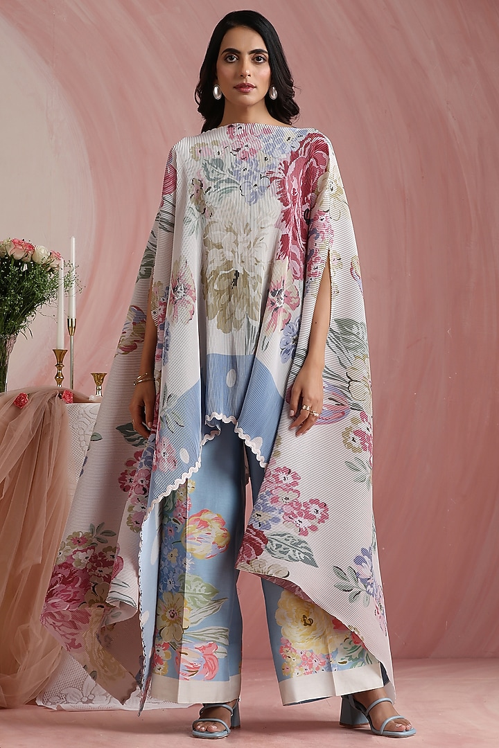 Off-White Poly Satin Printed Cape by MOH India at Pernia's Pop Up Shop