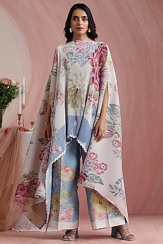 Off-White Poly Satin Printed Cape by MOH India