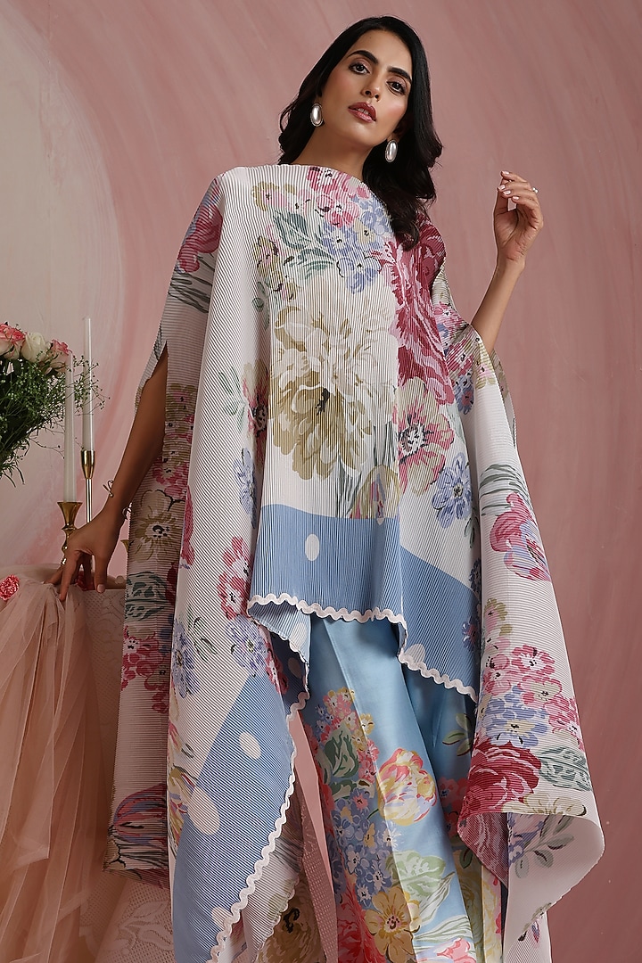 Off-White Poly Satin Printed Cape by MOH India at Pernia's Pop Up Shop