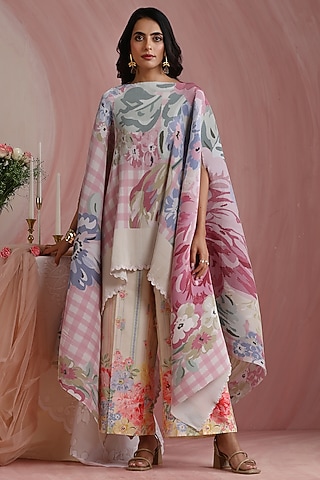 Soft Pink Poly Satin Printed Cape by MOH India