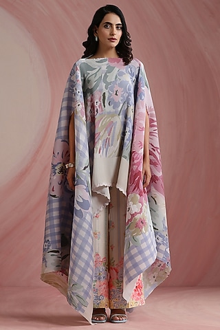 Sky Blue Poly Satin Printed Cape by MOH India