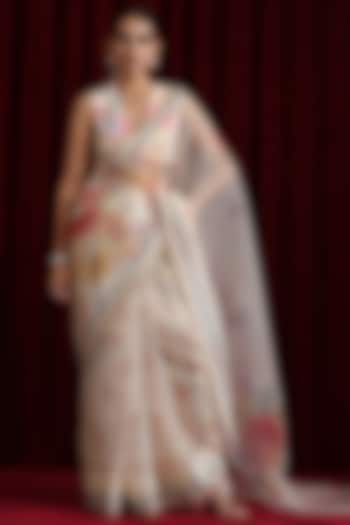 Ivory Pure Organza Printed & Embroidered Party Wear Saree Set by MOH India at Pernia's Pop Up Shop