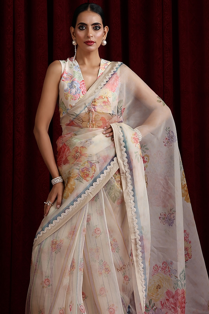Ivory Pure Organza Printed & Embroidered Party Wear Saree Set by MOH India at Pernia's Pop Up Shop