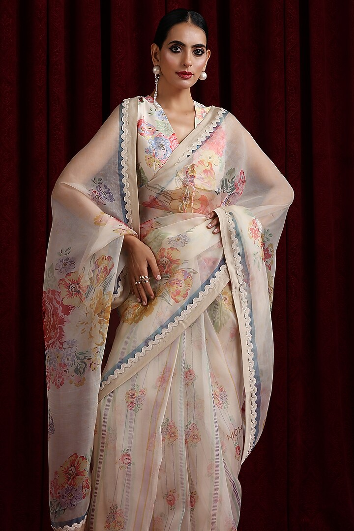 Ivory Pure Organza Printed & Embroidered Party Wear Saree Set by MOH India at Pernia's Pop Up Shop