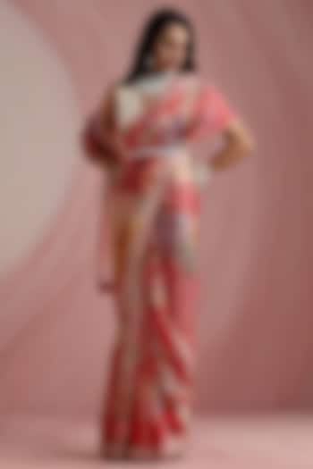 Red Pure Organza Printed & Embroidered Party Wear Saree Set by MOH India at Pernia's Pop Up Shop