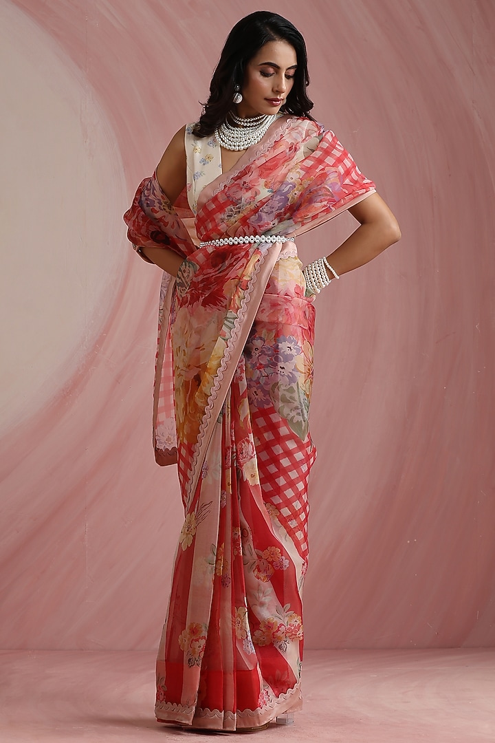 Red Pure Organza Printed & Embroidered Party Wear Saree Set by MOH India at Pernia's Pop Up Shop