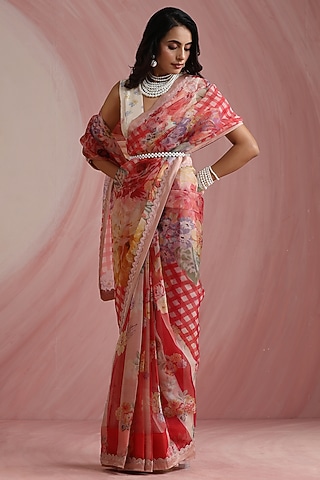 Red Pure Organza Printed & Embroidered Saree Set by MOH India