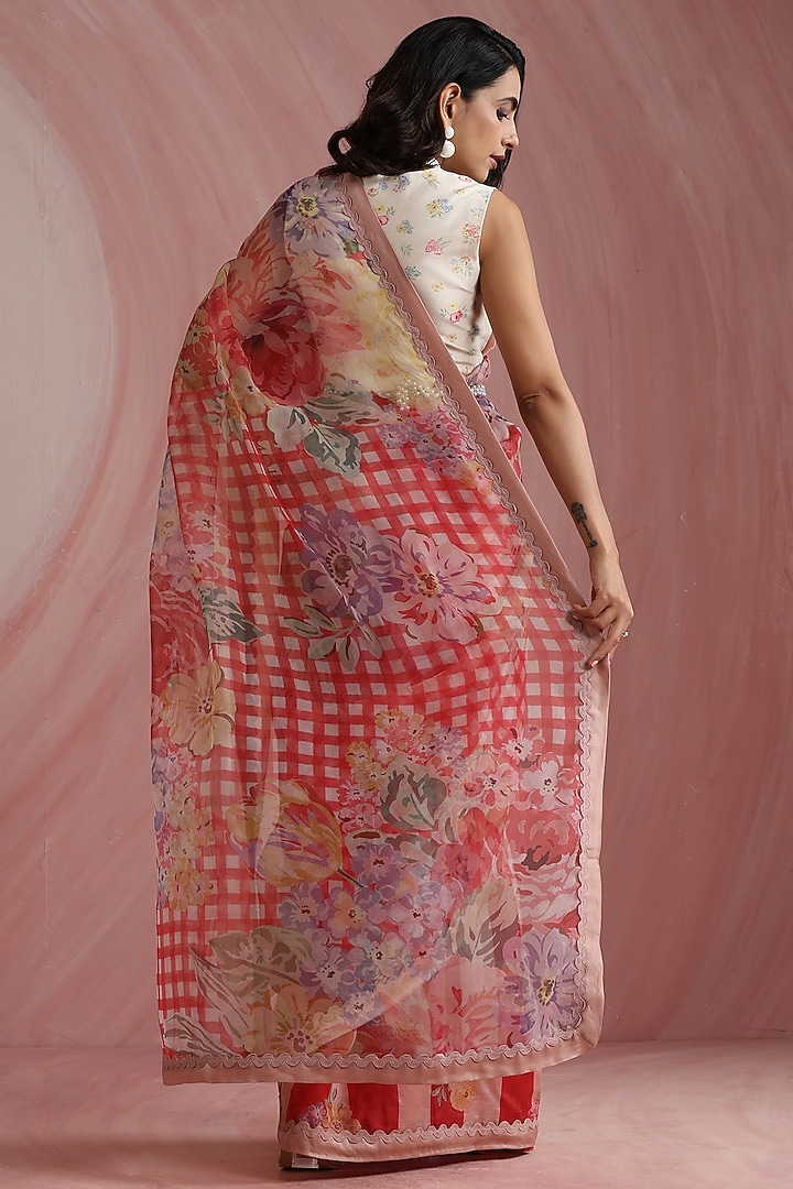 Red Pure Organza Printed & Embroidered Party Wear Saree Set by MOH India at Pernia's Pop Up Shop