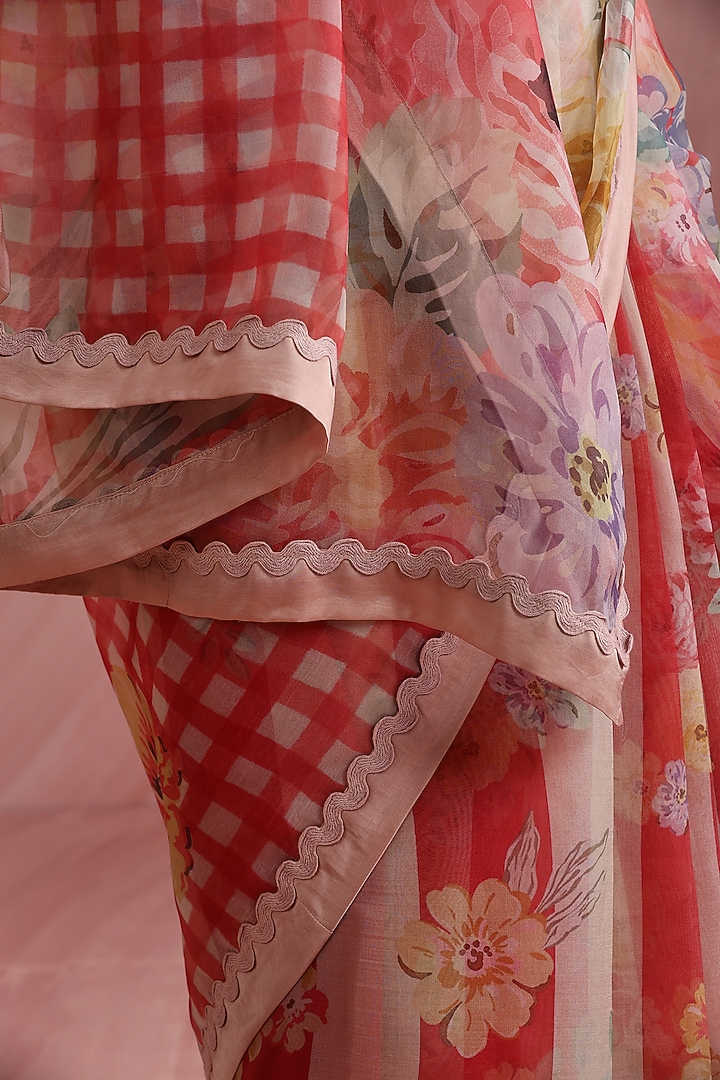 Red Pure Organza Printed & Embroidered Party Wear Saree Set by MOH India at Pernia's Pop Up Shop