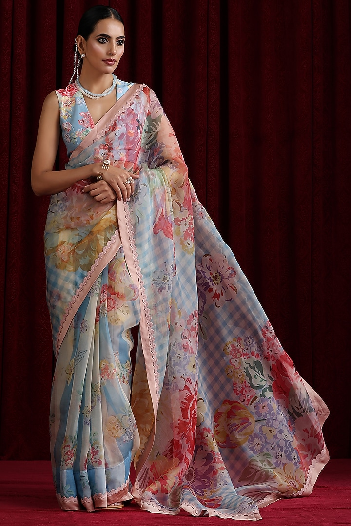 Powder Blue Organza Printed & Embroidered Party Wear Saree Set by MOH India at Pernia's Pop Up Shop