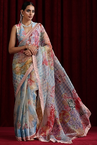 Powder Blue Organza Printed & Embroidered Saree Set by MOH India