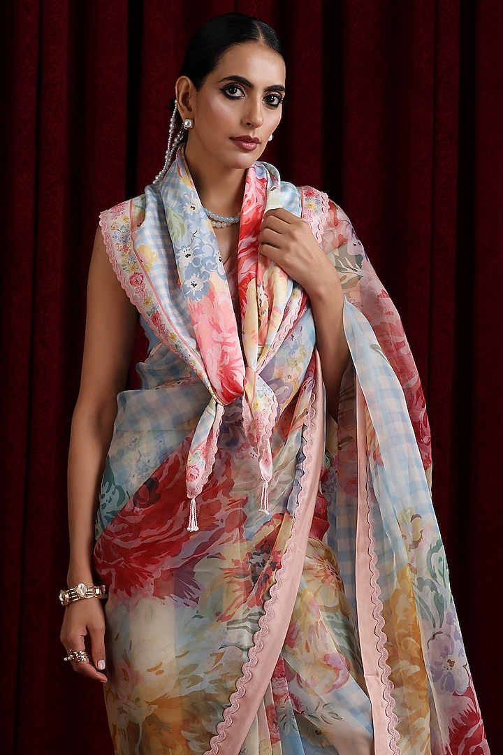 Powder Blue Organza Printed & Embroidered Party Wear Saree Set by MOH India at Pernia's Pop Up Shop