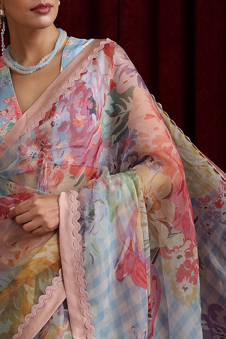 Powder Blue Organza Printed & Embroidered Party Wear Saree Set by MOH India at Pernia's Pop Up Shop