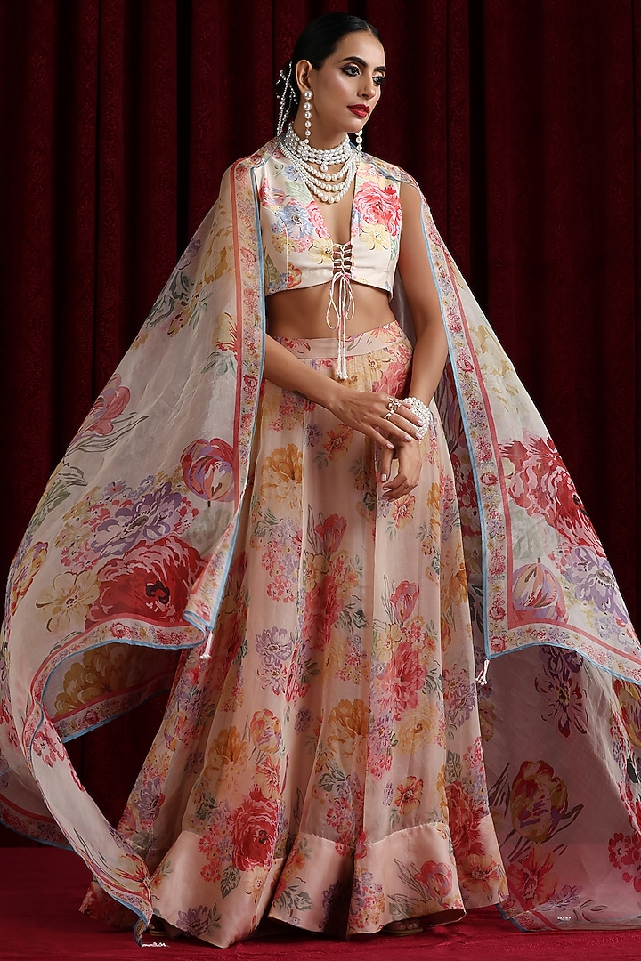 Off-White Pure Organza Floral Printed Wedding Lehenga Set by MOH India at Pernia's Pop Up Shop