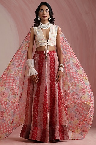 Red Pure Organza Printed Lehenga Set by MOH India