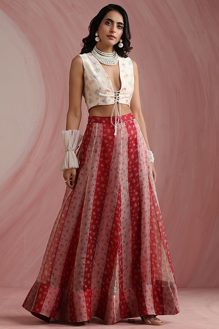 Red Pure Organza Printed Wedding Lehenga Set by MOH India at Pernia's Pop Up Shop