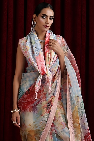 Powder Blue Pure Chanderi Silk Printed Scarf by MOH India