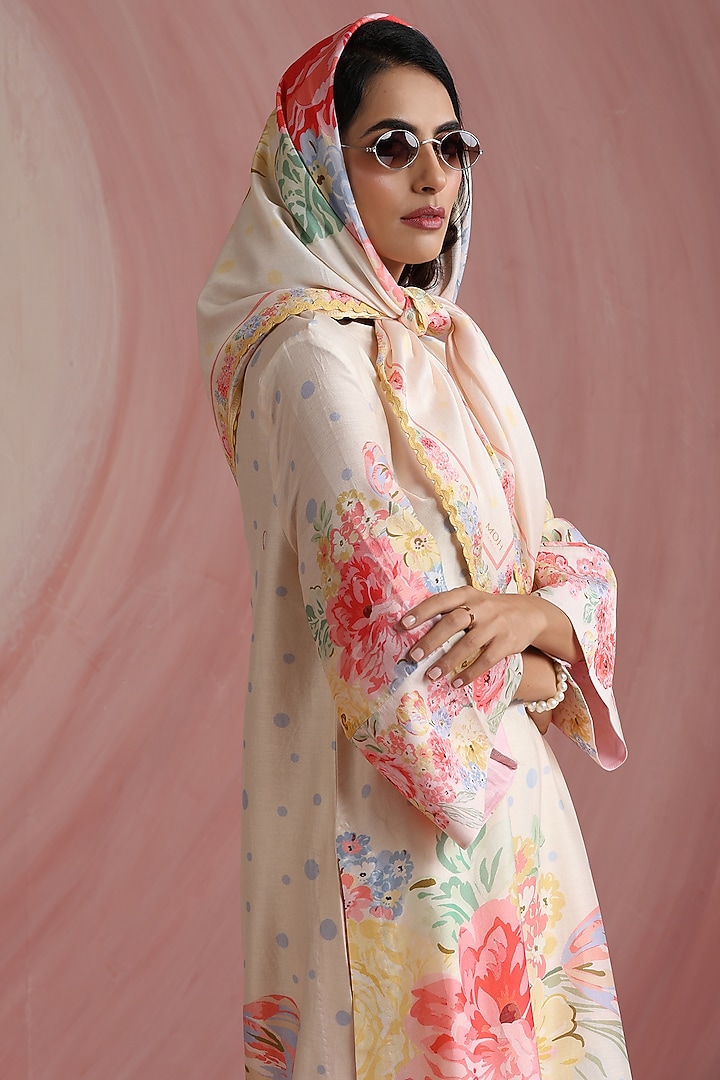 Ivory Pure Chanderi Silk Printed Scarf by MOH India at Pernia's Pop Up Shop