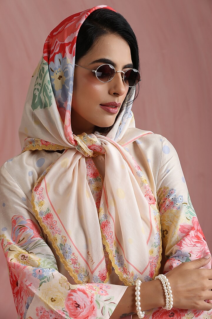 Ivory Pure Chanderi Silk Printed Scarf by MOH India at Pernia's Pop Up Shop