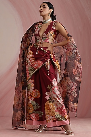 Maroon Pure Chanderi Silk Printed Scarf by MOH India