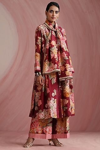 Maroon Pure Chanderi Silk Printed Stole by MOH India