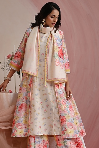 Ivory Pure Chanderi Silk Printed Stole by MOH India