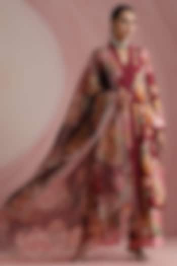 Maroon Pure Chanderi Silk Printed & Machine Embroidered Kurta Set by MOH India at Pernia's Pop Up Shop