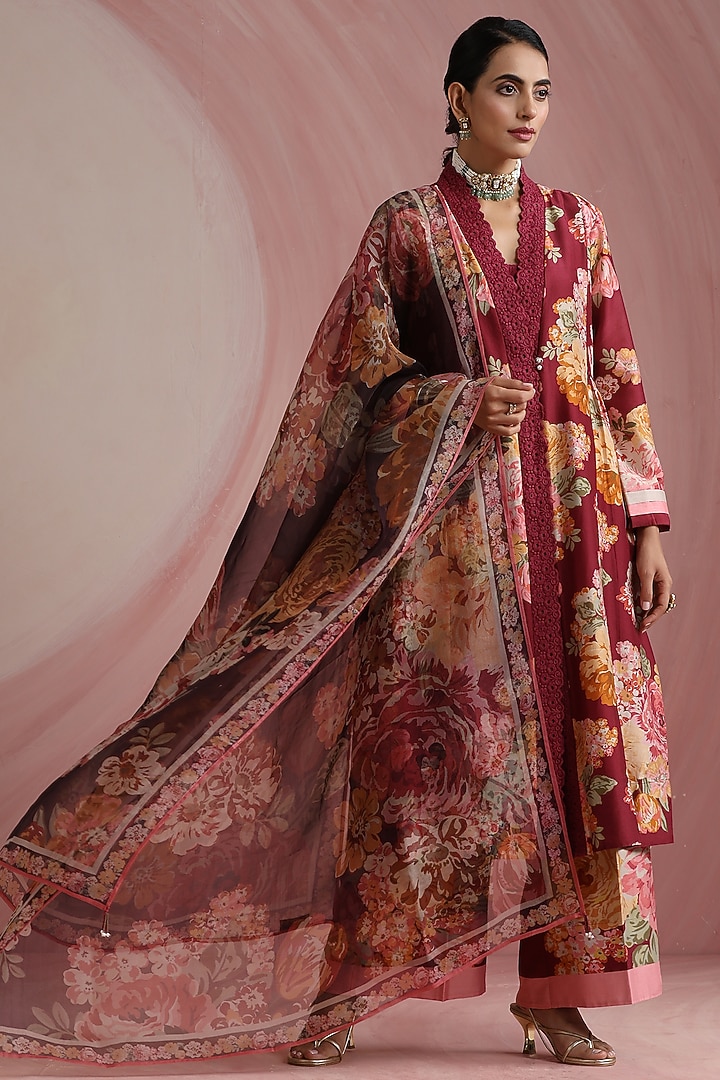 Maroon Pure Chanderi Silk Printed & Machine Embroidered Kurta Set by MOH India at Pernia's Pop Up Shop