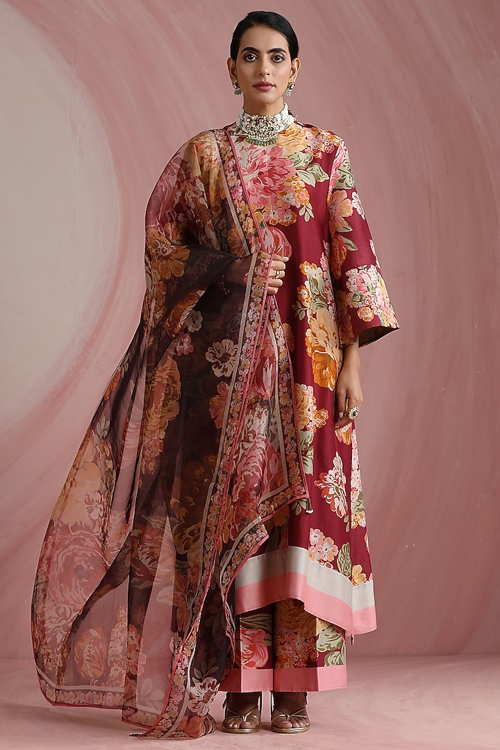 Maroon Pure Chanderi Silk Printed & Machine Embroidered Kurta Set by MOH India at Pernia's Pop Up Shop