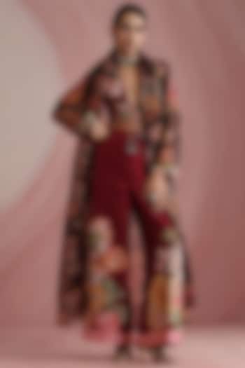 Maroon Pure Organza Printed & Machine Embroidered Overlay Set by MOH India at Pernia's Pop Up Shop