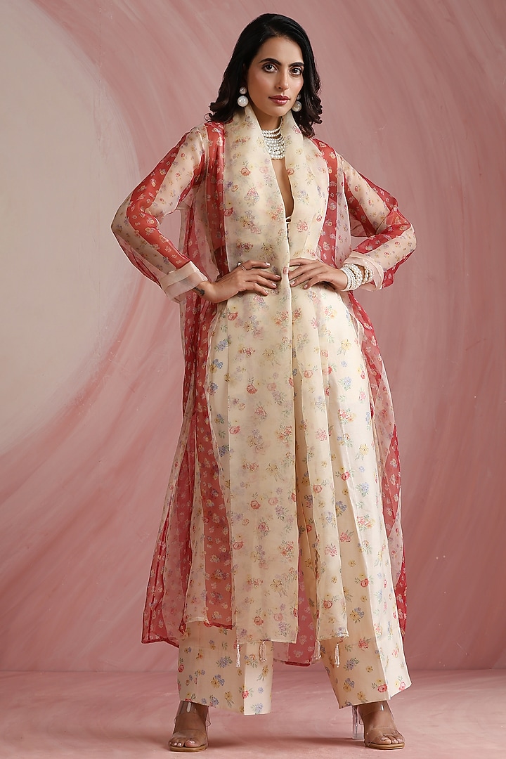 Off-White Pure Organza Printed & Machine Embroidered Overlay Set by MOH India at Pernia's Pop Up Shop