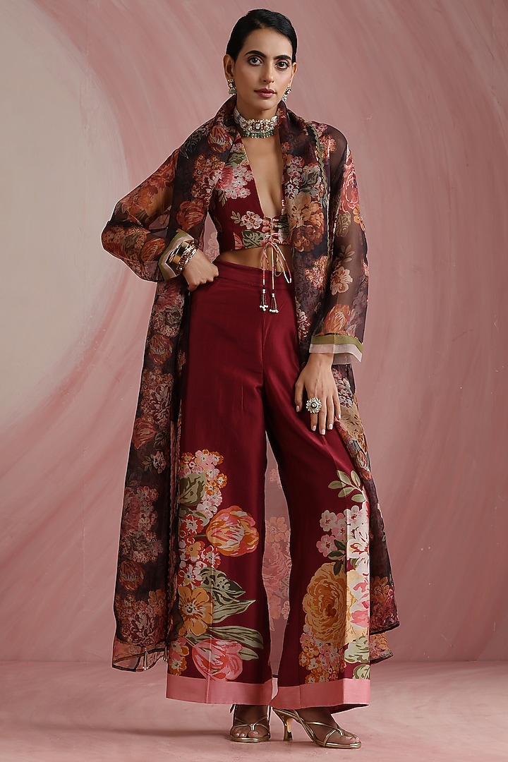 Maroon Pure Organza Printed & Machine Embroidered Overlay by MOH India at Pernia's Pop Up Shop