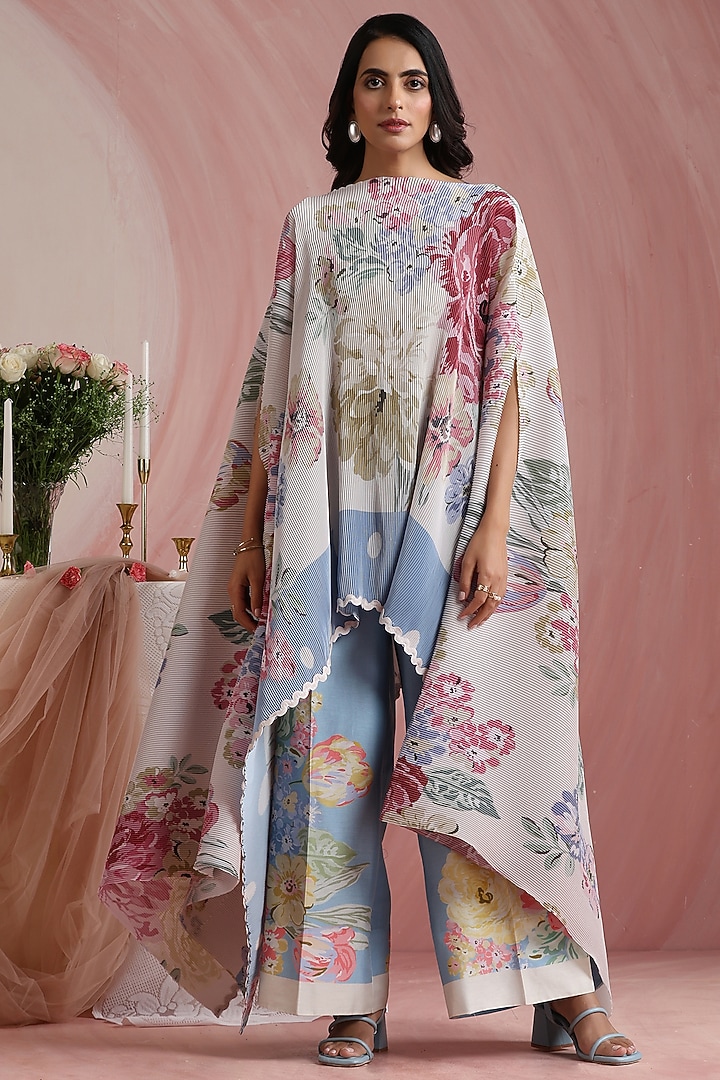 Off-White & Sky Blue Poly Satin Printed Cape Set by MOH India at Pernia's Pop Up Shop