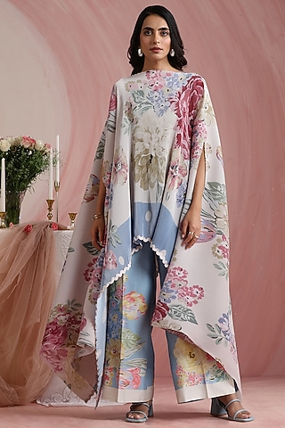 Off-White & Sky Blue Poly Satin Printed Cape Set by MOH India