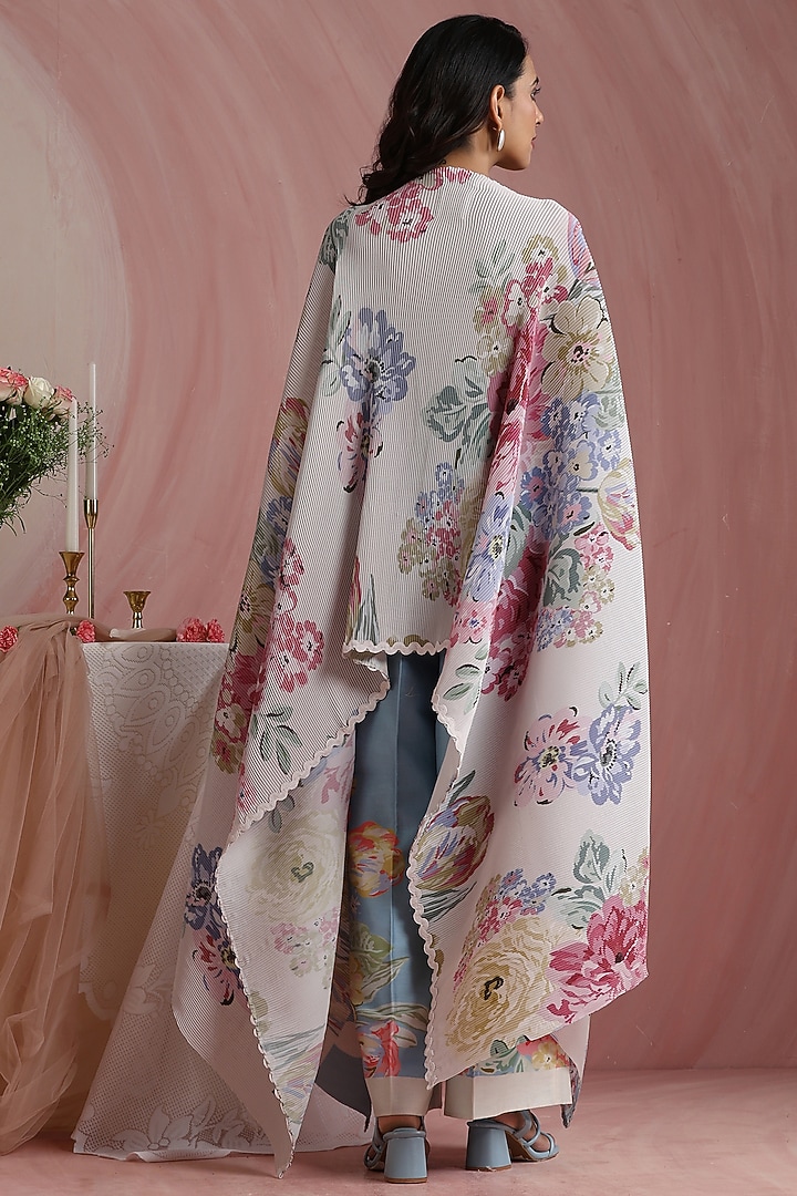 Off-White & Sky Blue Poly Satin Printed Cape Set by MOH India at Pernia's Pop Up Shop