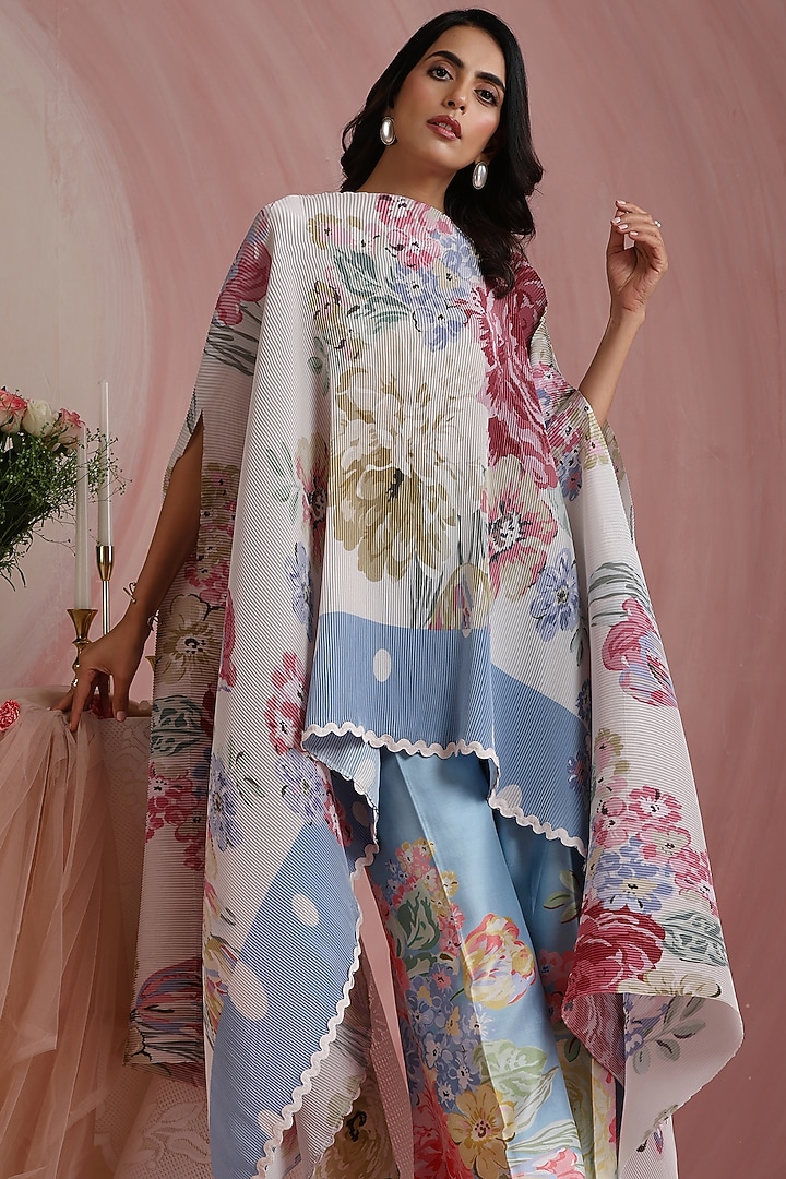 Off-White & Sky Blue Poly Satin Printed Cape Set by MOH India at Pernia's Pop Up Shop