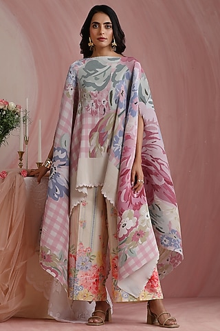 Soft Pink Poly Satin Printed Cape Set by MOH India