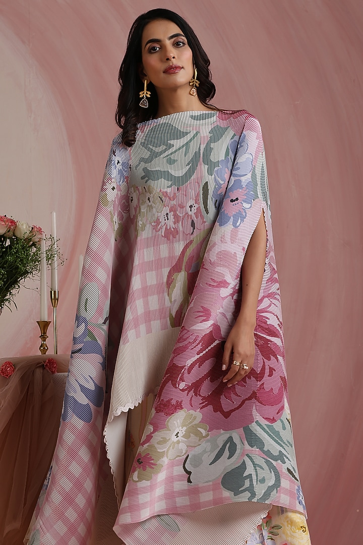 Soft Pink Poly Satin Printed Cape Set by MOH India at Pernia's Pop Up Shop