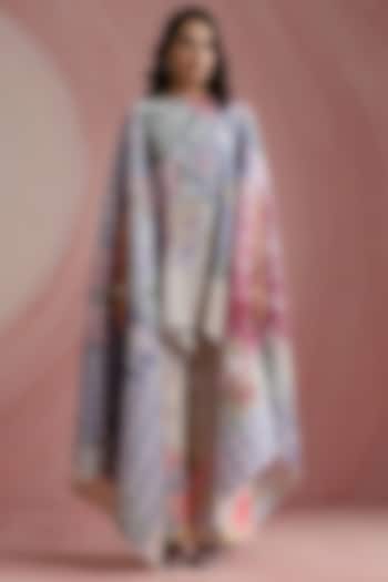 Sky Blue Poly Satin Printed Cape Set by MOH India at Pernia's Pop Up Shop