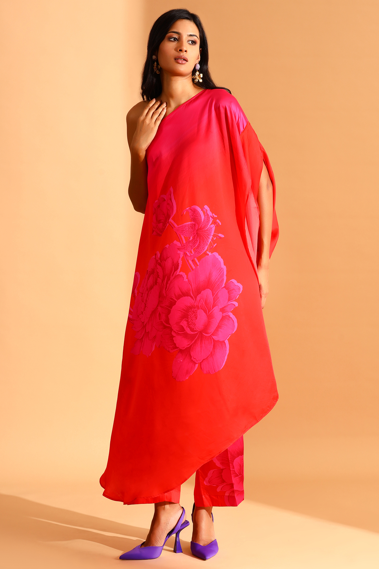 Magenta Pink Cupro & Copper Silk Floral Motifs One-Shoulder Tunic Set by MOH India at Pernia's Pop Up Shop