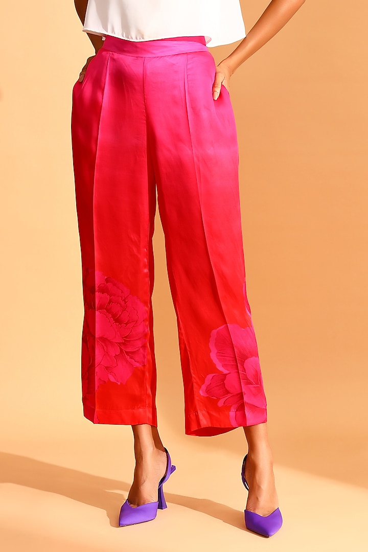 Magenta Pink Cupro & Copper Silk Floral Motif Trousers by MOH India