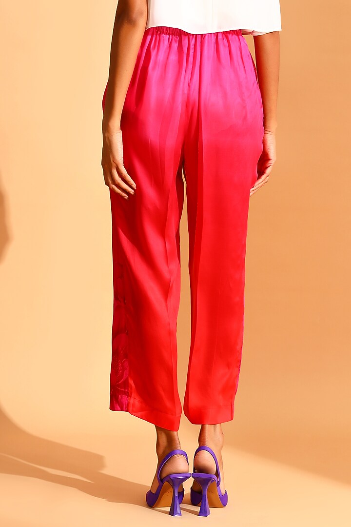 Magenta Pink Cupro & Copper Silk Floral Motif Trousers by MOH India at Pernia's Pop Up Shop