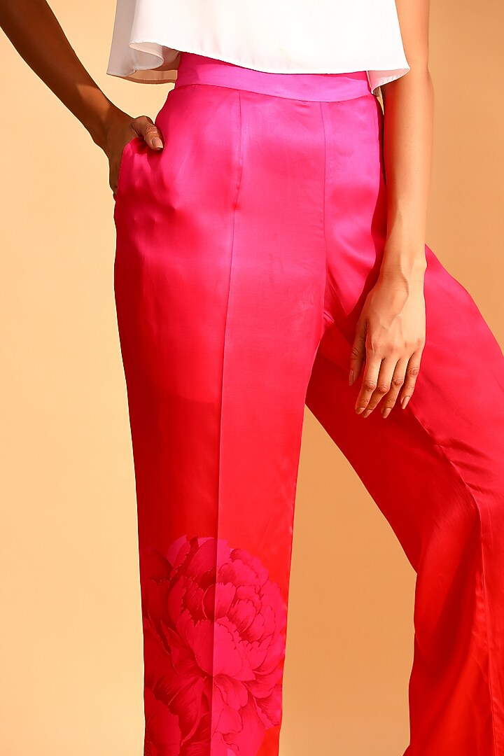 Magenta Pink Cupro & Copper Silk Floral Motif Trousers by MOH India at Pernia's Pop Up Shop