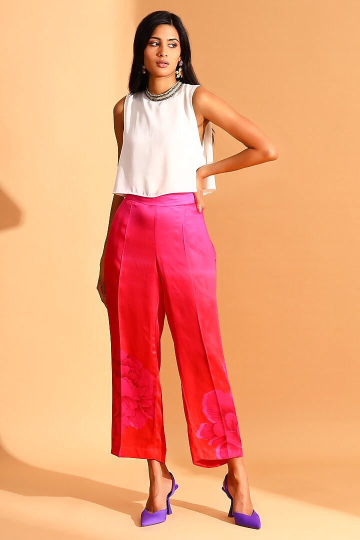 Magenta Pink Cupro & Copper Silk Floral Motif Trousers by MOH India at Pernia's Pop Up Shop