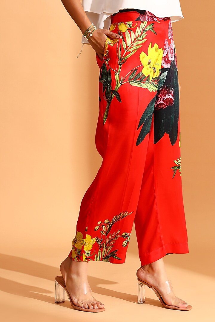 Scarlet Red Cupro & Copper Silk Floral Trousers by MOH India