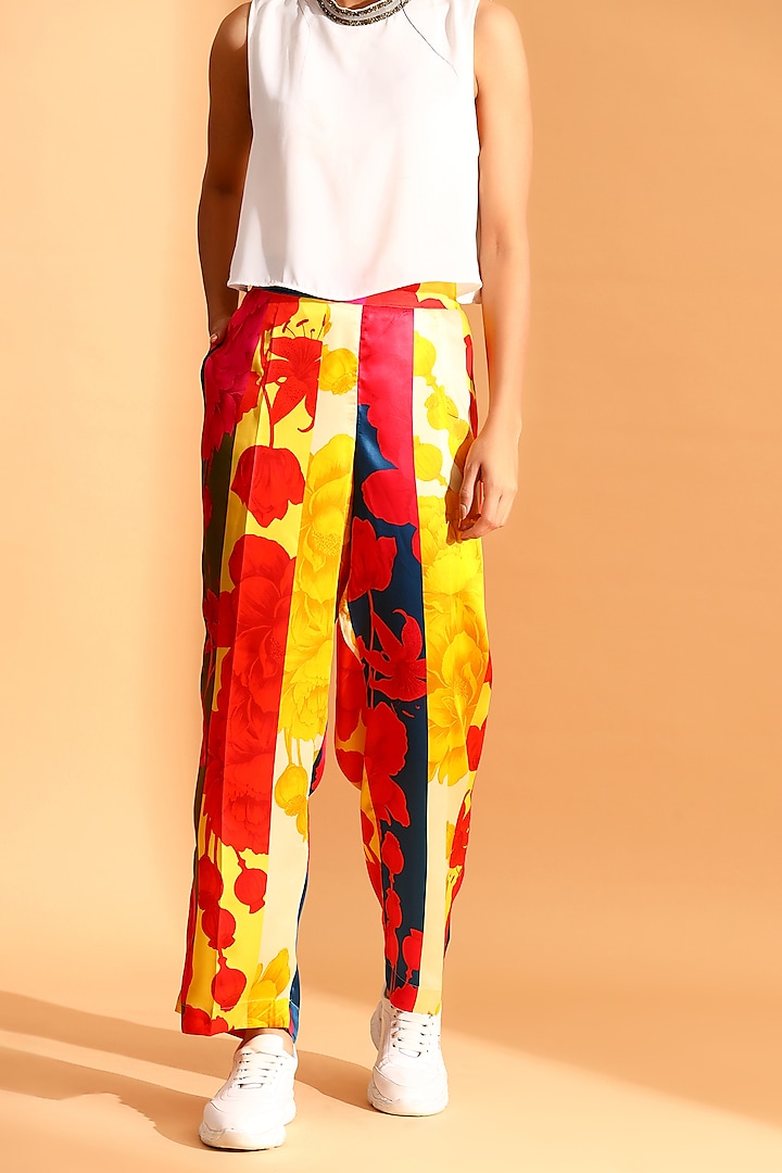 Multi-Colored Cupro & Copper Printed Trousers by MOH India