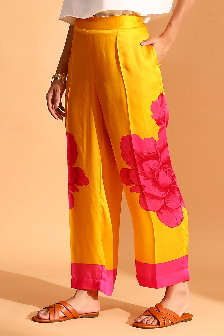 Yellow & Magenta Red Copper Silk Trousers by MOH India
