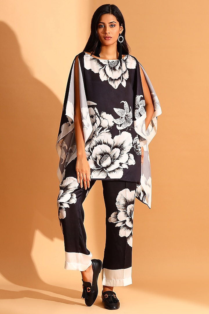 Black & White Copper Silk Floral Motif Tunic Set by MOH India