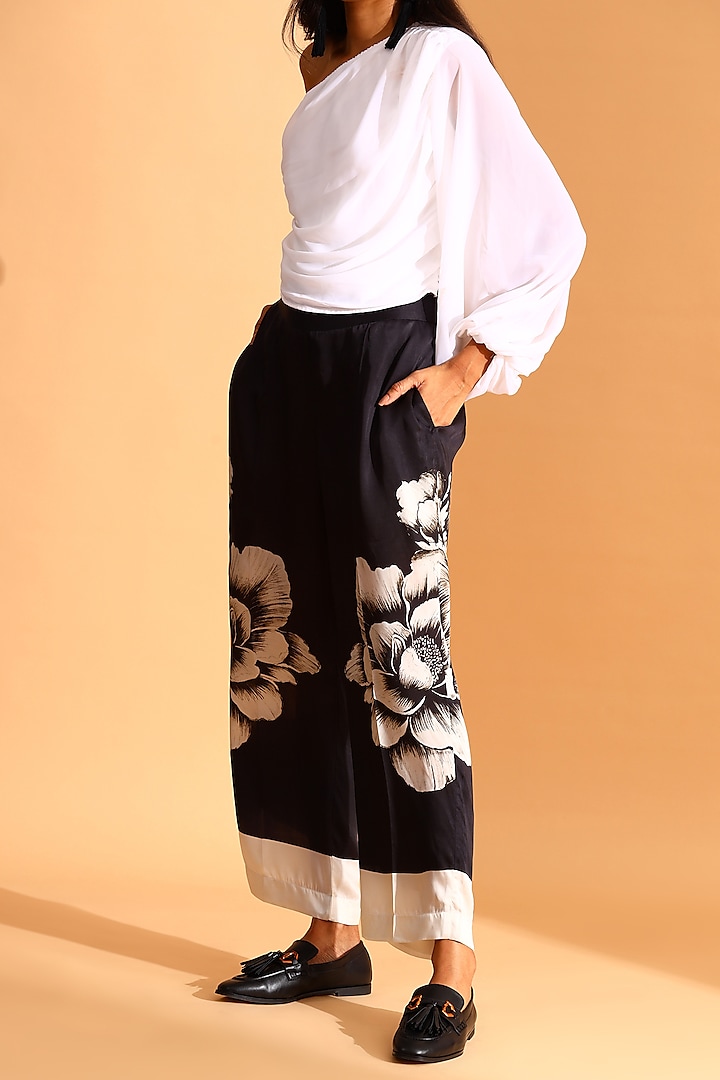 Black & White Copper Silk Floral Pants by MOH India